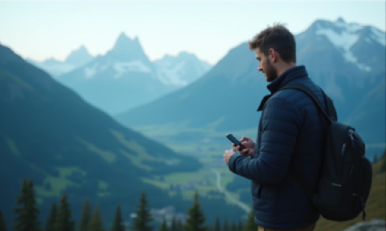 Traveler using encrypted smartphone overlooking Swiss Alps